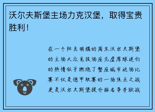 沃尔夫斯堡主场力克汉堡，取得宝贵胜利！